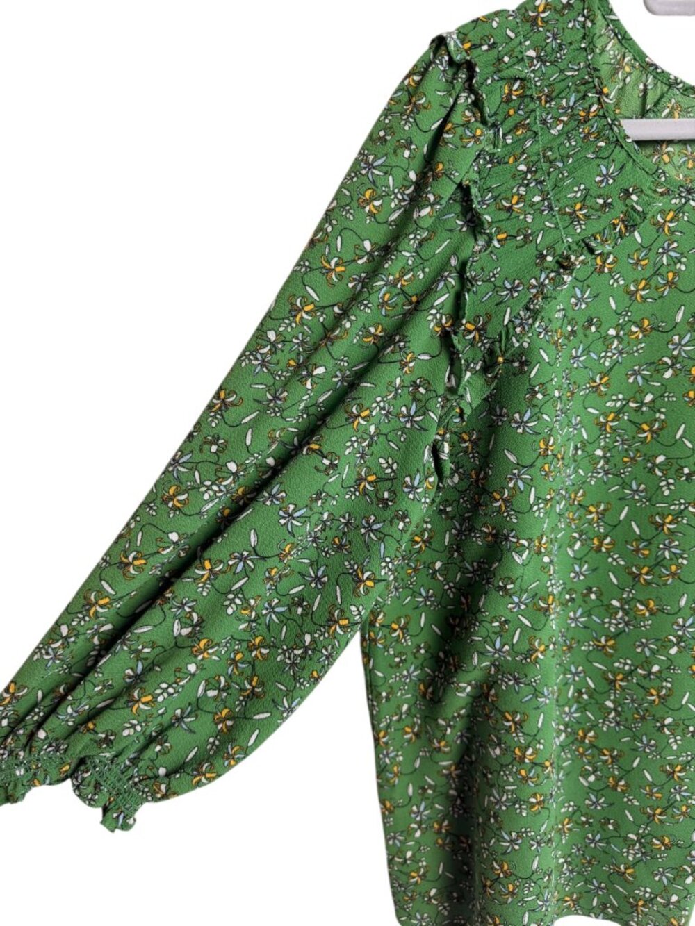 Max Studio Green Floral Ditsy Print Ruffle Yoke Balloon Sleeve Blouse - Picture 7 of 12